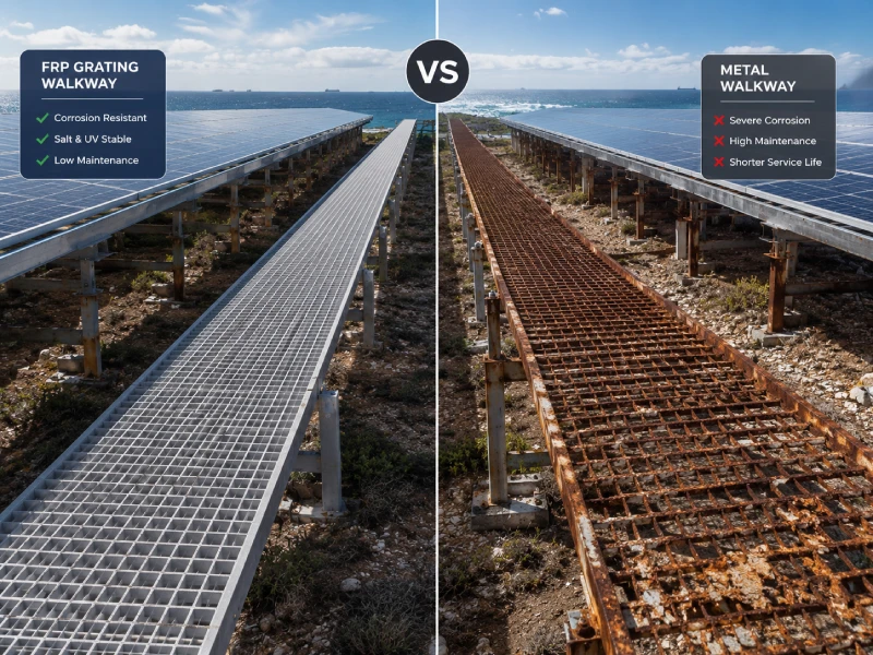 Por que a grade FRP é o melhor material para passarelas de O&M fotovoltaicas (grade solar FRP vs metal)