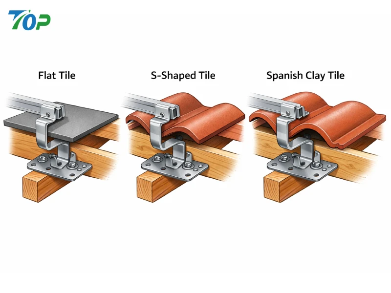 Comparison of solar roof hooks installed on flat, S-shaped, and Spanish clay tile roofs, based on reference image