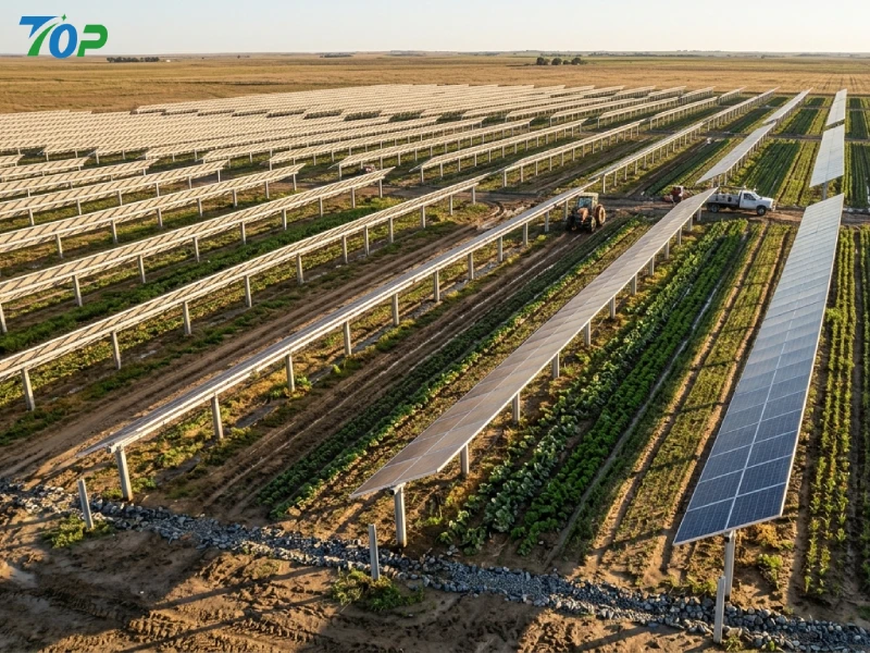 Utility-scale agrivoltaic solar farm showing optimized row spacing and airflow corridors